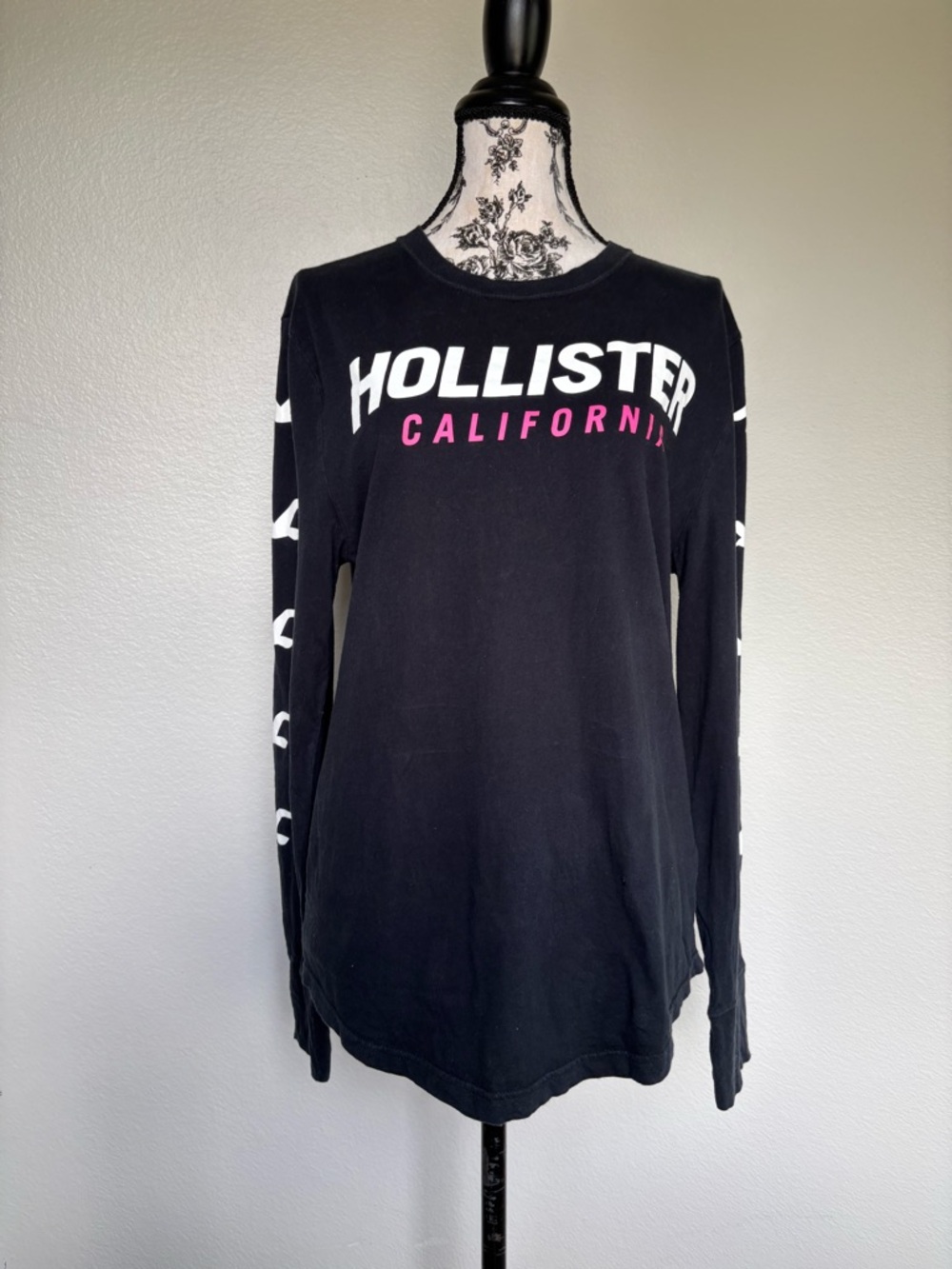Hollister Black Long Sleeve Tee with Pink & White Logo